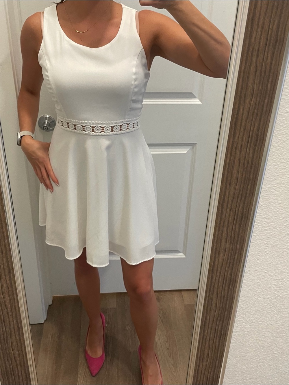 Sweet Rain White Sleeveless Mini Dress with Crochet Waist